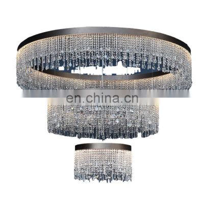 Modern Minimalist Hotel Bar Chandelier Crystal Design with Large round Rings Black Iron Body LED Light Warm White Light