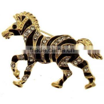 Wholesale 4*3cm Gold Tone Black Enamel & Crystal Zebra Horse Brooch