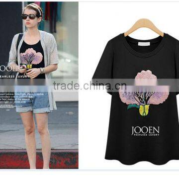 Ladies round neck back long short front floral print t-shirts