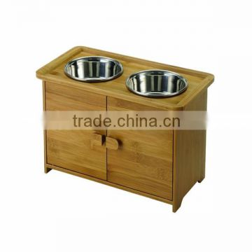 bamboo wooden elevated dog and cat feeder, pet food cabinet