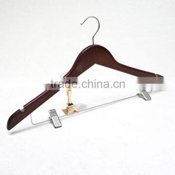 Adjustable wood clothing hanger with clips for dress/suit