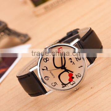 Cheap Alibaba Express Hot Sale Colorful Lovely Glasses Black Leather Watch in Stock!