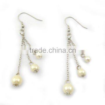 Trendy metal silver link chain with white fake pearl beads drop earrings , Customized Colors or LOGO and OEM desigtn accept