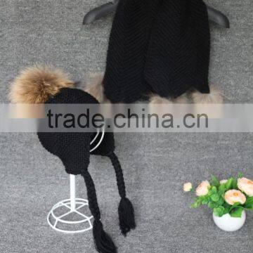 Hot Sale Unique Knitted Long Winter Scarf With Real Raccoon Fur Pompoms