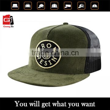 Guangjia Cap Manufacturer Wholesale Custom Corduroy 5 Panel 3D Embroidery Patch Mesh Trucker Cap and Hat