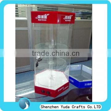 rotating plastic display case with light, high quality acrylic showcase display cabinet with key door