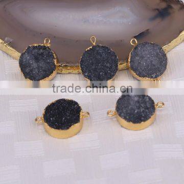 Black Druzy Quartz Stone Connector Beads, Round shape Gold plated Crystal Drusy Beads For Jewelry Making