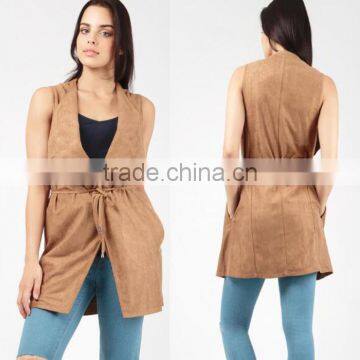 Designer Sleeveless Jackets Trendy Suedette Roll Neck High Waist Sleeveless Jacket Ladies For Outdoor Casual Wear