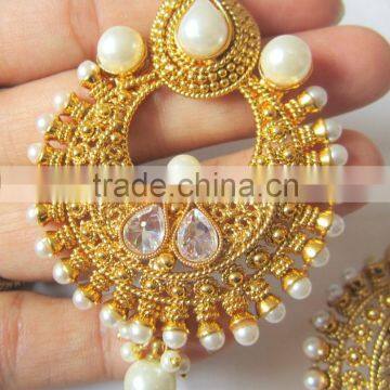 Gold Plated DANGLER WHITE PEARL CHAND BALI Earrings photo-2