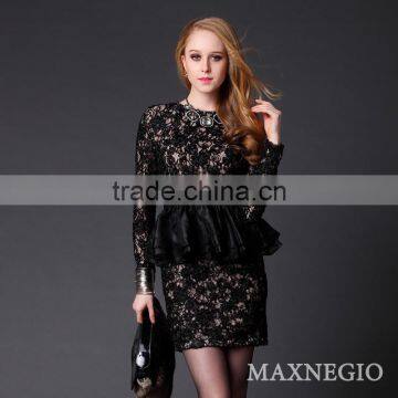 Hot Sale Above Knee Mini 3/4 Sleeve Hot Girl Sexy Club Black Lace Gold Sequin Sexy Prom Dress photo-3