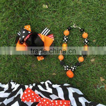 2015 New Arrival Girl Pumpkin Dress Kids Boutique Dress Halloween Dress Chervon Dress With Necklace and Bow photo-3