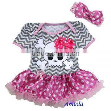 Newborn Baby Gray Chevron Pink Polka Dots Skull Pettiskirt Bodysuit Romper and Headband NB-18M