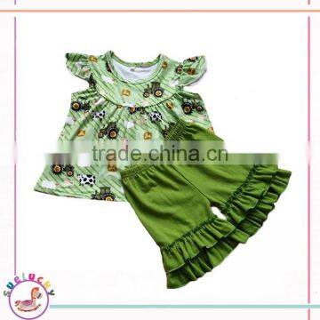 Knit Cotton Green Ruffles dress and shorts girls outfits Newborn boutique clothing MY10-06