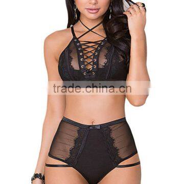 B33578A Hot Sale Sexy Ladies Front Open Deep V Lace up Bra Set