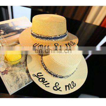 Letters Flattop Straw Hat Bowknot Hat Solar Beach Hat photo-3