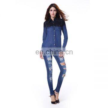 Long Sleeve Navy Factory Wholesale Ladies Denim Shirts