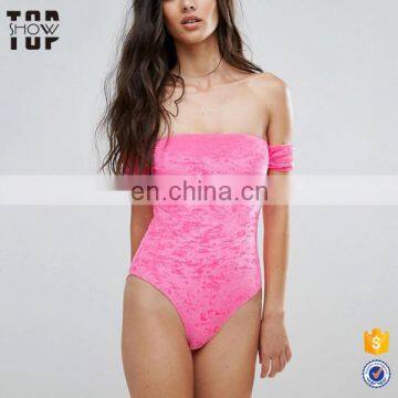 2017 swimsuit velvet bardot stretch trims women one piece swimsuit custom