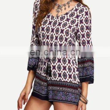 China Factory Wholesale Fashion Design Tribal Print Tassel-Tied Romper Women photo-5