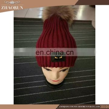 fashionable winter knitting wool hat real fur pompom hat for girl