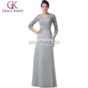 Grace Karin Grey Mother of Brides Dresses Chiffon Long Sleeve Lace Evening Gown CL6247