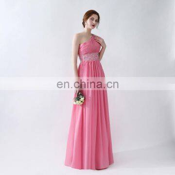 Elegant Pink Floor Length Chiffon One Shoulder Empire Beaded Peplum Silver Sequins Hollow Sleeveless Women Prom Dress