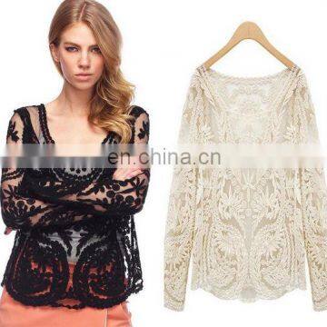 2016 Fashion new women clothes tops loose perspective sexy Engraving flower long sleeve lady's lace net blouse