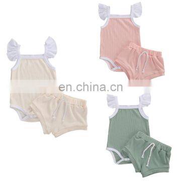 Newborn Baby Girls Fly Sleeve Square Collar Snap Romper and Drawstring Shorts Set