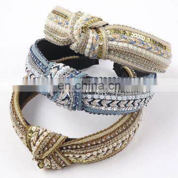 Beaded Knot Head Bands Women's Hair Accessories Fashion Hairbands Blue Gold Rhinestone