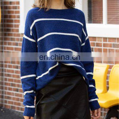 Women Oversized Crew Neck Plain Knit Loose Pullover Merino Wool Striped Sweater Top photo-3