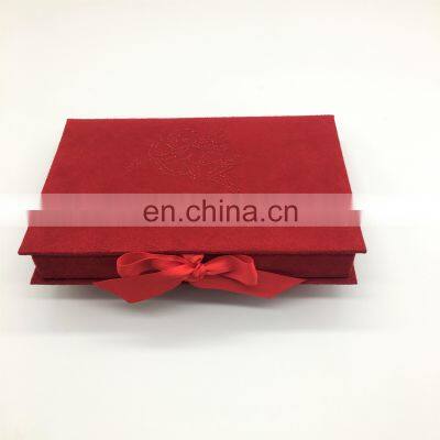 Luxury suede fabric chocolate packaging gift box with red ribbon