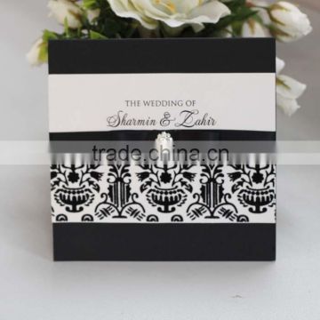 Unique Design Black Pocket Luxury Flocking Wedding Invitation Card