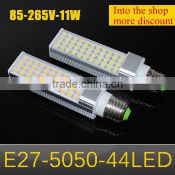 1Pcs 11W SMD 5050 E27 LED lamp AC 110V - 220V Horizontal Plug light, 44LEDs, Aluminum Body LED corn bulb 5050SMD Chandelier