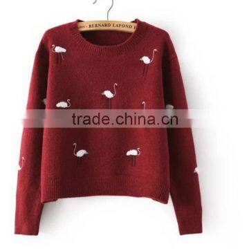 Warm long sleeve knitting wear swan embroided lady sweater pullover