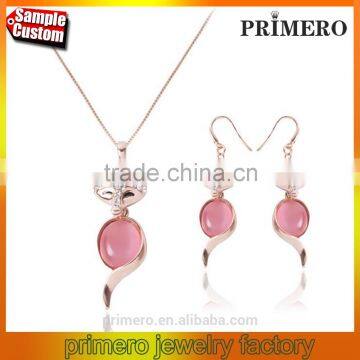 Hot Sale Fashion Women 18K Gold Filled Jewelry Sets Clear Crystal Pink Opal Fox Chain Necklace Earrings