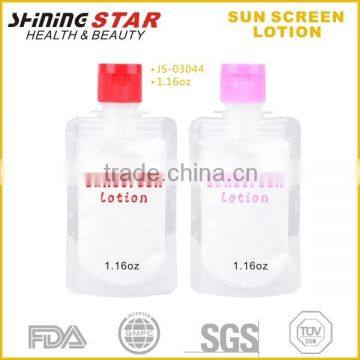 JS-03044 2015 new product pvc pouch durable portable 35ml SPF30 sunscreen lotion