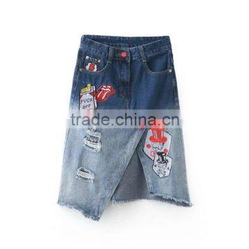 apparel hot sales girl embroidered printing pattern cutline denim split jeans skirts