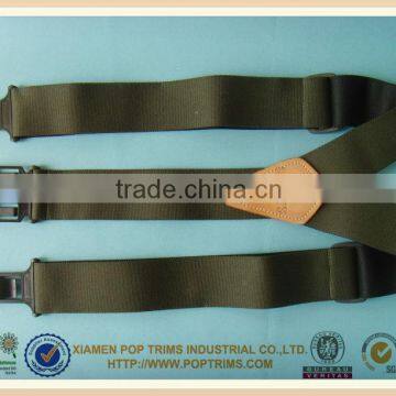 Durable dark green elstic suspenders for men with leather patch