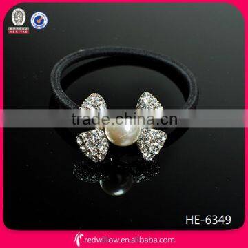 Fancy rhinestone min bowknot pearl black elastic hair band for wedding