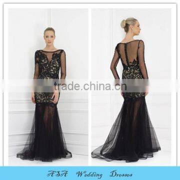 2015 Latest vestido de festa Longo Black Evening Dress Sheer Skirt Long Sleeve Sexy Applique Party Dresses Gowns Plus Size