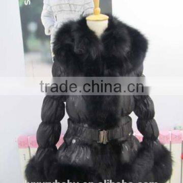 2015 factory price black cotton down fox fur coat with fur big hood for lady