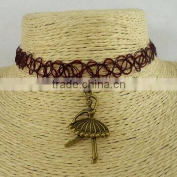 Black elastic nylon rope with antique silver alloy dancer choker necklace