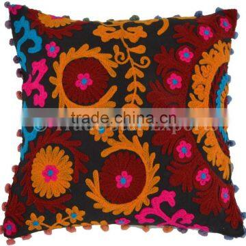 Indian Embroidered 16"X16" Suzani Cushion Cover Cotton Ethnic Pillows Boho Vintage Pom Pom Lace Shams Throw Cushions
