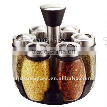 SINOGLASS trade assurance rotatable 6 glass jars revolving spice rack set