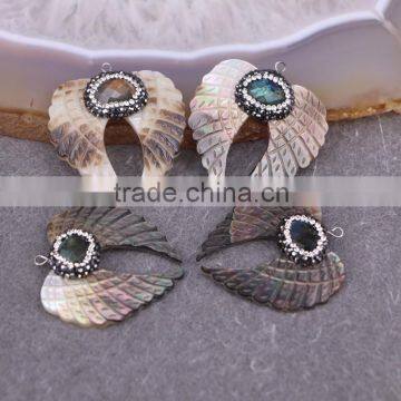 Natural Abalone Shell Pendant, Double-Wing shape Druzy Pendant, With Pave Crystal and Labradorite Gem Stone Pendant