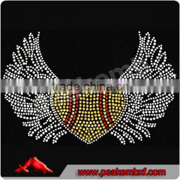 Hot Sale Iron on Softball with Wing Rhinestone Hot Fix Wholesale