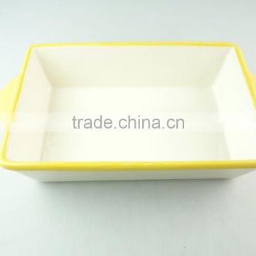 Stocklot rectangular shape yellow line glaze ceramic bakeware with handles