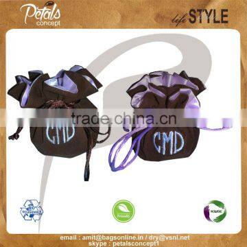 Velvet drawstring gift pouch with satin lining polysilk drawstring & logo embroideried