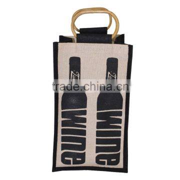 Four bottle juco wine bag with wooden cane handle