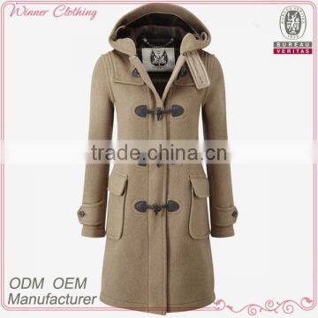 China coat factory camel color wool women long duffle coat