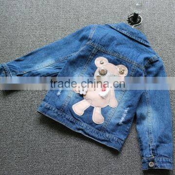 Fashion Cute bear embroidery on the back girls stylish jeans and top with beads cowgirl coat